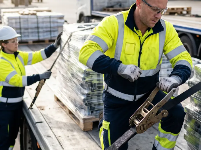 Two workers tighten ratchet straps to secure palletized freight on a flatbed trailer.