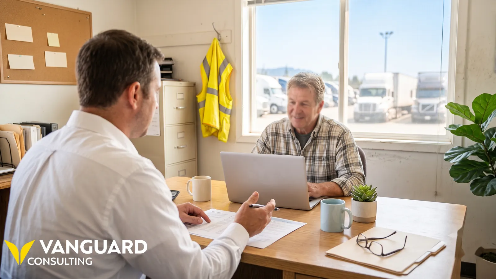 A fleet owner and an insurance advisor talk through paperwork across a desk in a bright office, with rows of trucks visible through the window behind them.