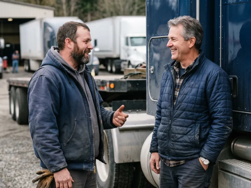 A fleet owner and driver talking beside a truck in the terminal yard.