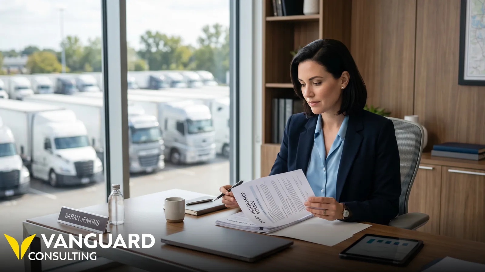 A fleet owner reviews insurance policy documents at her desk, with the truck yard visible through the window.