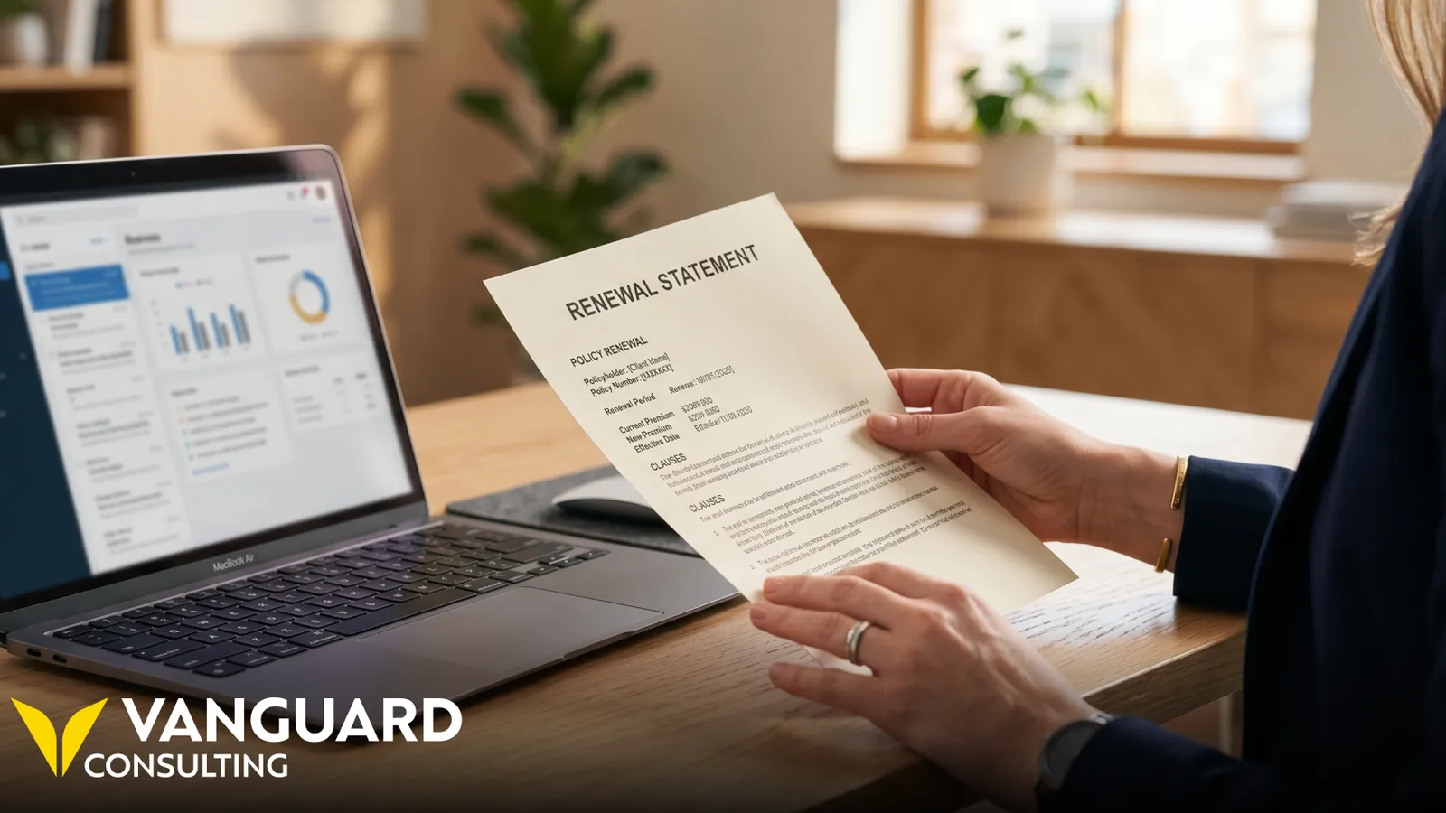 Hands holding a policy renewal statement beside a laptop showing an insurance dashboard.