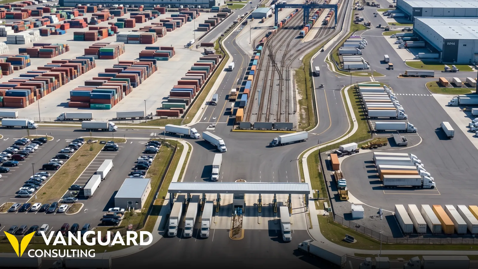 Elevated view of a busy intermodal hub with container yards, rail lines, and trucks moving through a gate plaza.