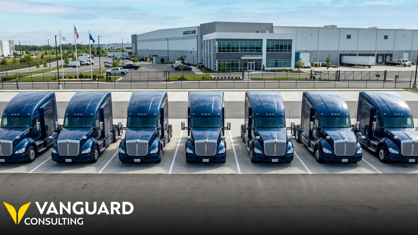 A row of newly acquired matching tractors lined up in a fleet yard outside a logistics facility.