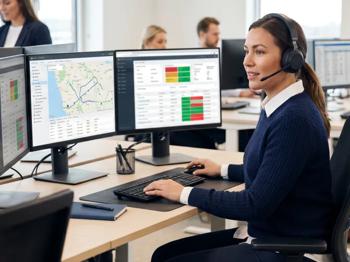 An operations coordinator wearing a headset works across logistics dashboards and a route map.