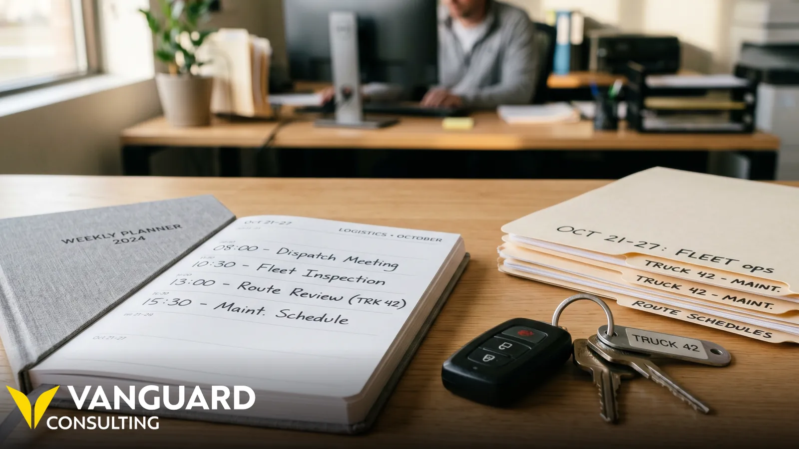 A weekly planner with fleet tasks scheduled, truck keys, and organized folders on an office desk.