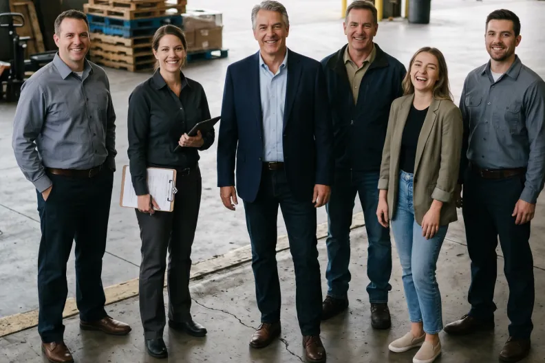 Six colleagues standing together on a warehouse floor, with pallets and dock equipment behind them.