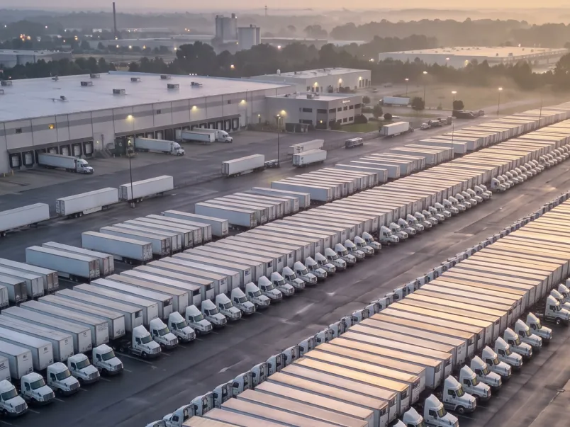 Elevated view of a fleet terminal at dawn, with rows of tractors and trailers staged across the yard.